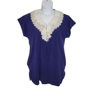 VINTAGE 70s dress royal blue‎ terry cloth lace collar tunic mini with pockets M